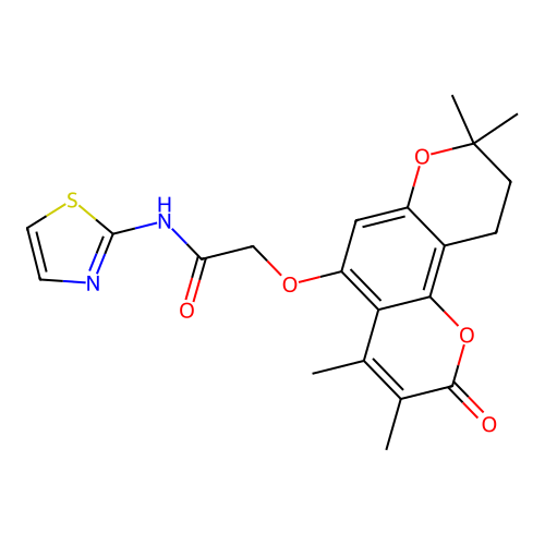 2-((3,4,8,8-tetramethyl-2-oxo-2,8,9,10-tetrahydropyrano[2,3-f]chromen-5-yl)oxy)-N-(thiazol-2-yl)acetamide structure