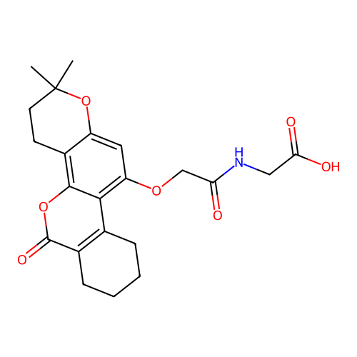 2-(2-((2,2-dimethyl-6-oxo-2,3,4,6,7,8,9,10-octahydrobenzo[c]pyrano[2,3-h]chromen-11-yl)oxy)acetamido)acetic acid structure