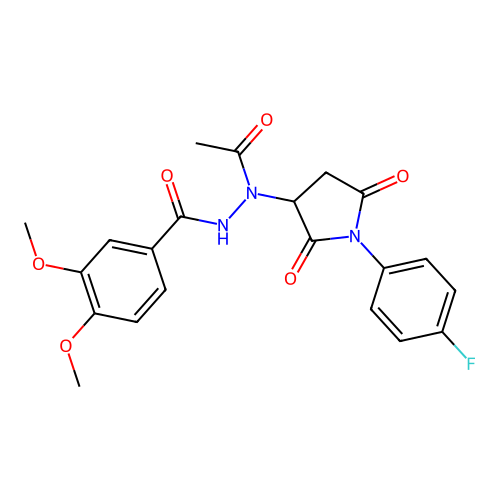 N'-acetyl-N'-[1-(4-fluorophenyl)-2,5-dioxopyrrolidin-3-yl]-3,4-dimethoxybenzohydrazide structure