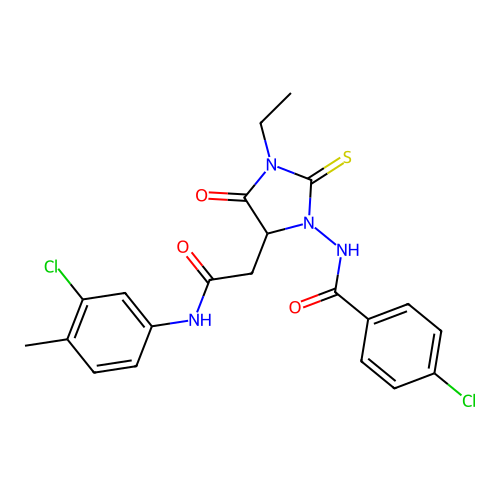 4-chloro-N-(5-{2-[(3-chloro-4-methylphenyl)amino]-2-oxoethyl}-3-ethyl-4-oxo-2-thioxoimidazolidin-1-yl)benzamide structure