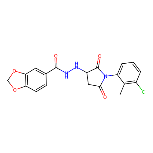 N'-[1-(3-chloro-2-methylphenyl)-2,5-dioxopyrrolidin-3-yl]-1,3-benzodioxole-5-carbohydrazide structure