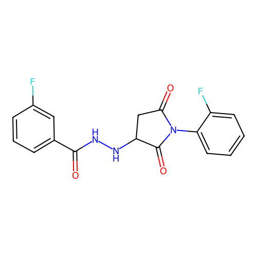 3-fluoro-N'-[1-(2-fluorophenyl)-2,5-dioxopyrrolidin-3-yl]benzohydrazide structure