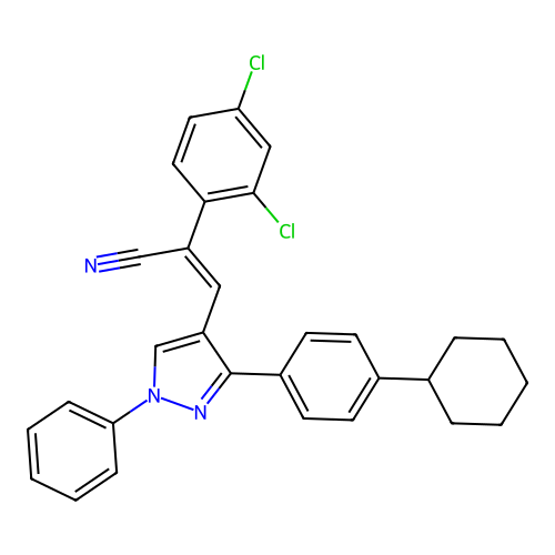 3-[3-(4-cyclohexylphenyl)-1-phenyl-pyrazol-4-yl]-2-(2,4-dichlorophenyl)prop-2-enenitrile structure