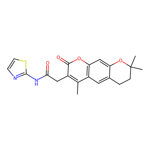 N-(thiazol-2-yl)-2-(4,8,8-trimethyl-2-oxo-2,6,7,8-tetrahydropyrano[3,2-g]chromen-3-yl)acetamide structure
