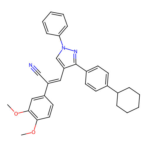 3-[3-(4-cyclohexylphenyl)-1-phenyl-pyrazol-4-yl]-2-(3,4-dimethoxyphenyl)prop-2-enenitrile structure