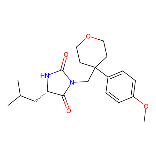 (5S)-3-[[4-(4-methoxyphenyl)oxan-4-yl]methyl]-5-(2-methylpropyl)imidazolidine-2,4-dione structure