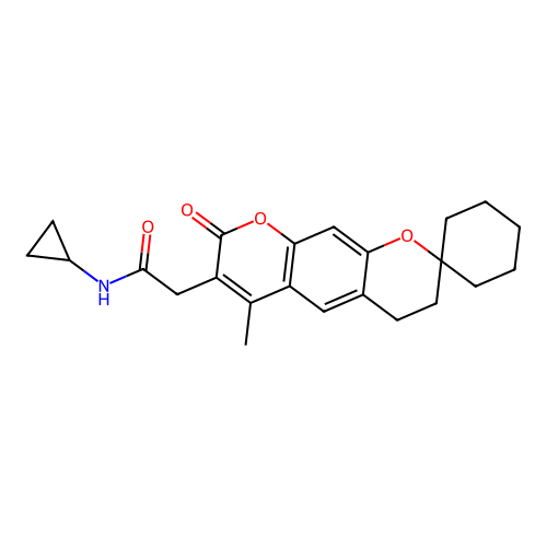 N-cyclopropyl-2-(6'-methyl-8'-oxo-4',8'-dihydro-3'H-spiro[cyclohexane-1,2'-pyrano[3,2-g]chromen]-7'-yl)acetamide structure