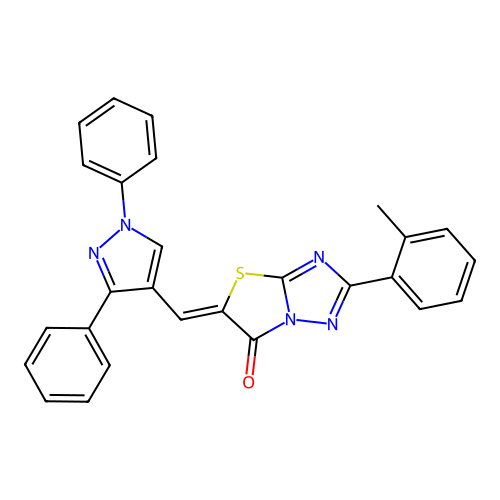 (5Z)-5-[(1,3-diphenyl-1H-pyrazol-4-yl)methylidene]-2-(2-methylphenyl)[1,3]thiazolo[3,2-b][1,2,4]triazol-6(5H)-one structure