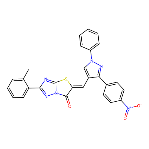 (5Z)-2-(2-methylphenyl)-5-[[3-(4-nitrophenyl)-1-phenylpyrazol-4-yl]methylidene]-[1,3]thiazolo[3,2-b][1,2,4]triazol-6-one structure