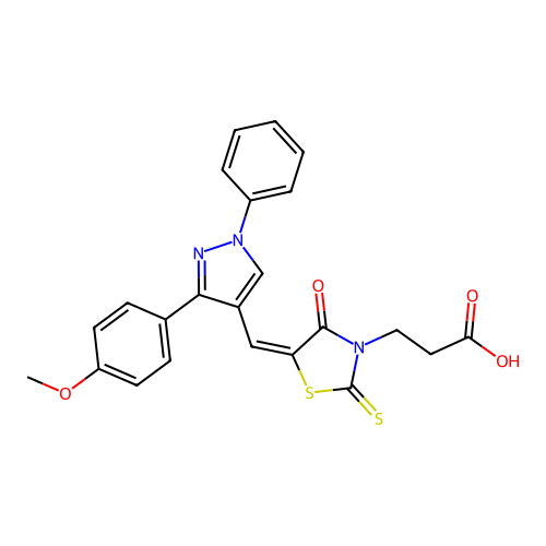 3-[(5E)-5-[[3-(4-methoxyphenyl)-1-phenylpyrazol-4-yl]methylidene]-4-oxo-2-sulfanylidene-1,3-thiazolidin-3-yl]propanoic acid structure