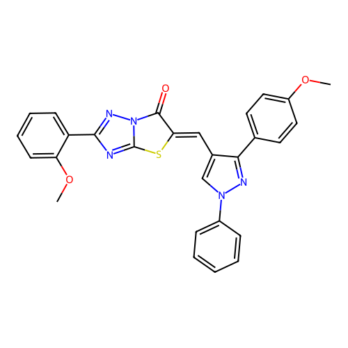 (5Z)-2-(2-methoxyphenyl)-5-{[3-(4-methoxyphenyl)-1-phenyl-1H-pyrazol-4-yl]methylidene}[1,3]thiazolo[3,2-b][1,2,4]triazol-6(5H)-one structure