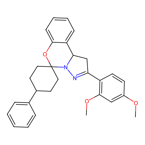 2'-(2,4-dimethoxyphenyl)-4-phenyl-1',10b'-dihydrospiro[cyclohexane-1,5'-pyrazolo[1,5-c][1,3]benzoxazine] structure