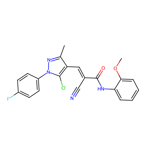 (E)-3-[5-chloro-1-(4-fluorophenyl)-3-methylpyrazol-4-yl]-2-cyano-N-(2-methoxyphenyl)prop-2-enamide structure