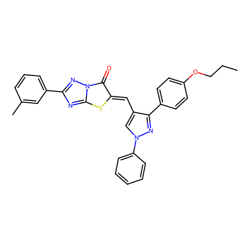 (5Z)-2-(3-methylphenyl)-5-{[1-phenyl-3-(4-propoxyphenyl)-1H-pyrazol-4-yl]methylidene}[1,3]thiazolo[3,2-b][1,2,4]triazol-6(5H)-one structure