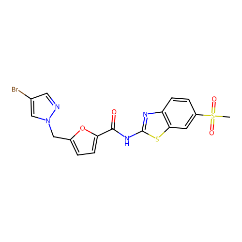 5-[(4-bromopyrazol-1-yl)methyl]-N-(6-methylsulfonyl-1,3-benzothiazol-2-yl)furan-2-carboxamide structure