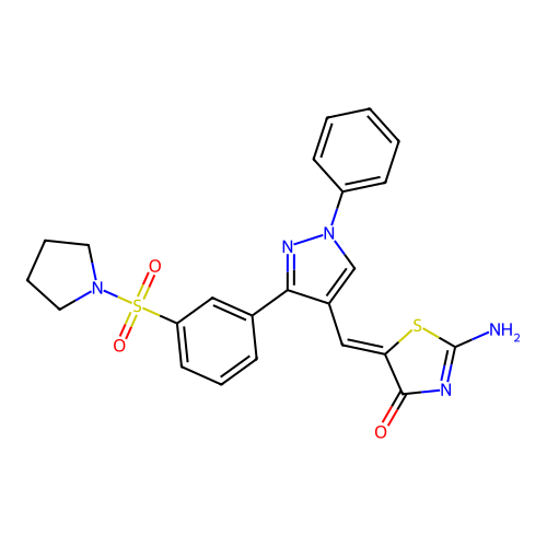 (5Z)-2-amino-5-[[1-phenyl-3-(3-pyrrolidin-1-ylsulfonylphenyl)pyrazol-4-yl]methylidene]-1,3-thiazol-4-one structure