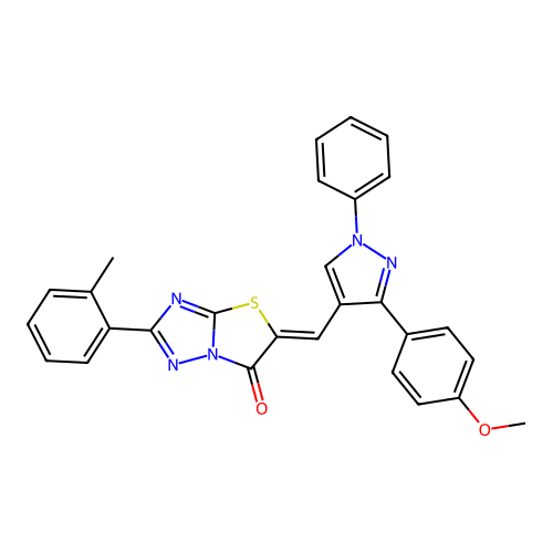 (5Z)-5-{[3-(4-methoxyphenyl)-1-phenyl-1H-pyrazol-4-yl]methylidene}-2-(2-methylphenyl)[1,3]thiazolo[3,2-b][1,2,4]triazol-6(5H)-one structure