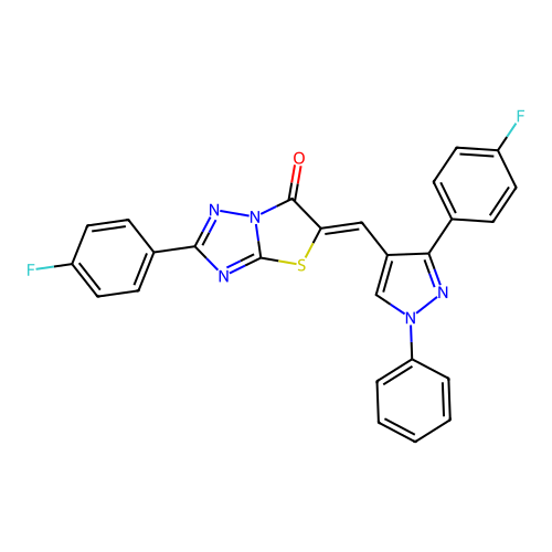 (5Z)-2-(4-fluorophenyl)-5-{[3-(4-fluorophenyl)-1-phenyl-1H-pyrazol-4-yl]methylidene}[1,3]thiazolo[3,2-b][1,2,4]triazol-6(5H)-one structure