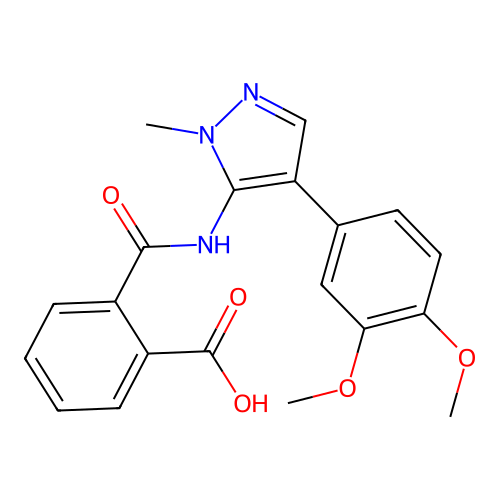 2-({[4-(3,4-dimethoxyphenyl)-1-methyl-1H-pyrazol-5-yl]amino}carbonyl)benzenecarboxylic acid structure