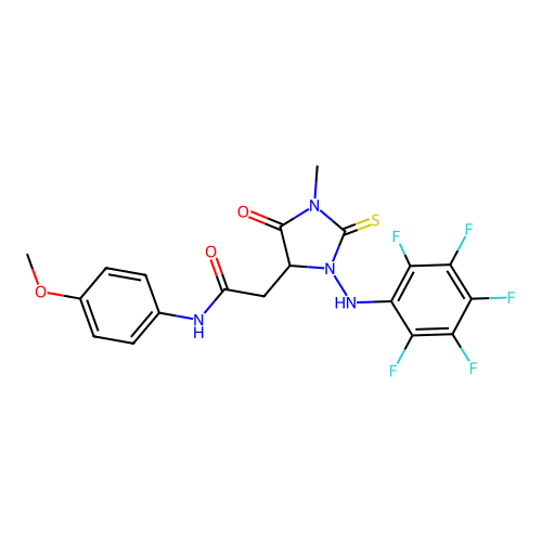 N-(4-methoxyphenyl)-2-{1-methyl-5-oxo-3-[(pentafluorophenyl)amino]-2-thioxoimidazolidin-4-yl}acetamide structure