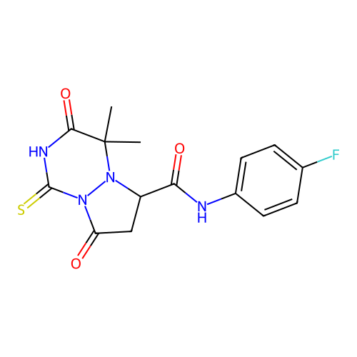 N-(4-fluorophenyl)-4,4-dimethyl-3,8-dioxo-1-sulfanyl-3,4,7,8-tetrahydro-6H-pyrazolo[1,2-a][1,2,4]triazine-6-carboxamide structure