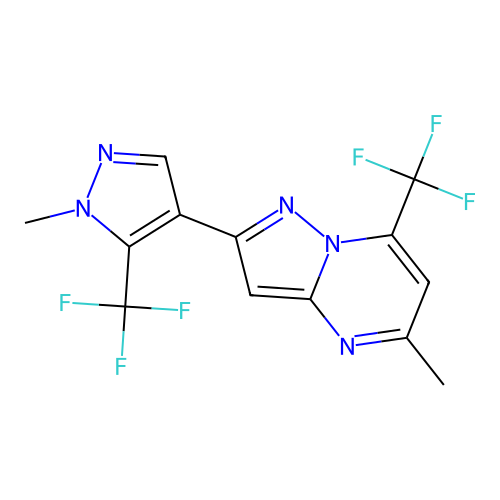 5-methyl-2-[1-methyl-5-(trifluoromethyl)-1H-pyrazol-4-yl]-7-(trifluoromethyl)pyrazolo[1,5-a]pyrimidine structure