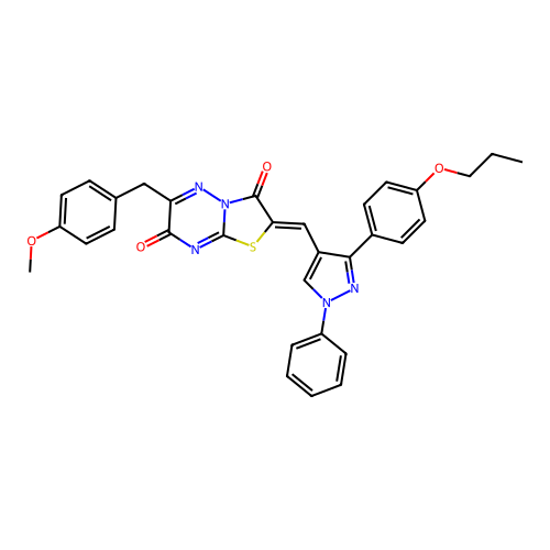 (2Z)-6-(4-methoxybenzyl)-2-{[1-phenyl-3-(4-propoxyphenyl)-1H-pyrazol-4-yl]methylidene}-7H-[1,3]thiazolo[3,2-b][1,2,4]triazine-3,7(2H)-dione structure