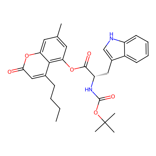 (S)-4-butyl-7-methyl-2-oxo-2H-chromen-5-yl 2-((tert-butoxycarbonyl)amino)-3-(1H-indol-3-yl)propanoate structure