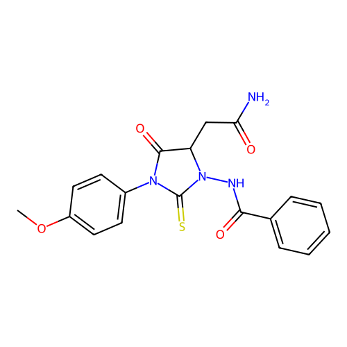 N-[5-(2-amino-2-oxoethyl)-3-(4-methoxyphenyl)-4-oxo-2-thioxoimidazolidin-1-yl]benzamide structure