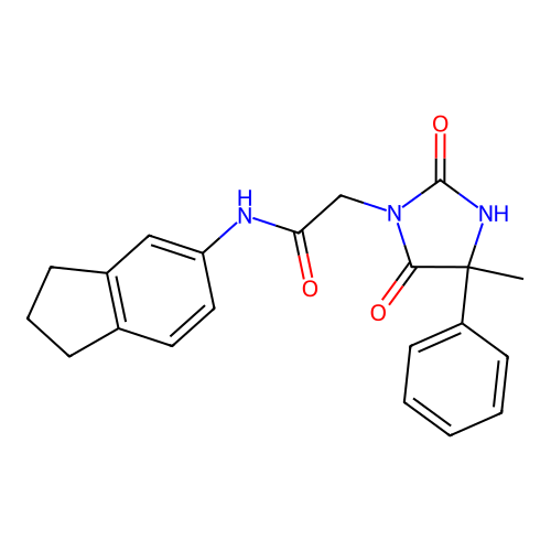 N-(2,3-dihydro-1H-inden-5-yl)-2-(4-methyl-2,5-dioxo-4-phenylimidazolidin-1-yl)acetamide structure