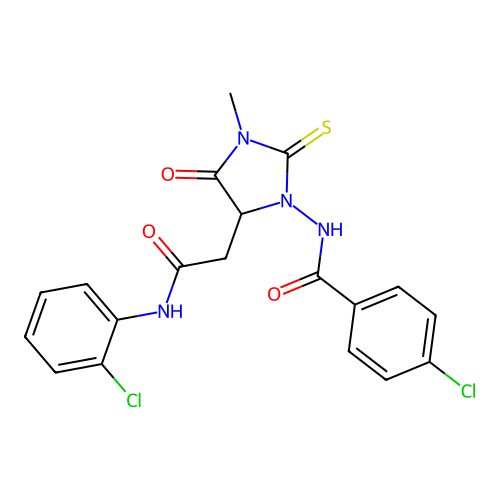 4-chloro-N-(5-{2-[(2-chlorophenyl)amino]-2-oxoethyl}-3-methyl-4-oxo-2-thioxoimidazolidin-1-yl)benzamide structure