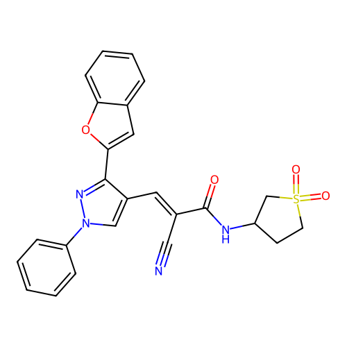 (E)-3-[3-(1-benzofuran-2-yl)-1-phenylpyrazol-4-yl]-2-cyano-N-(1,1-dioxothiolan-3-yl)prop-2-enamide structure