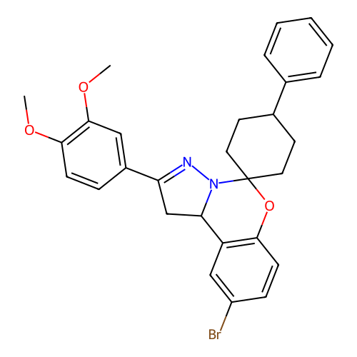9'-bromo-2'-(3,4-dimethoxyphenyl)-4-phenyl-1',10b'-dihydrospiro[cyclohexane-1,5'-pyrazolo[1,5-c][1,3]benzoxazine] structure