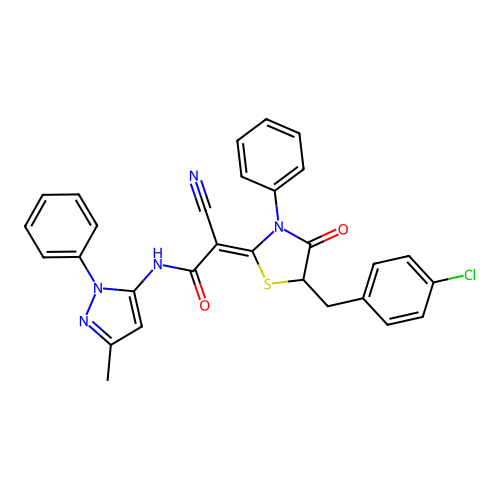 (Z)-2-(5-(4-chlorobenzyl)-4-oxo-3-phenylthiazolidin-2-ylidene)-2-cyano-N-(3-methyl-1-phenyl-1H-pyrazol-5-yl)acetamide structure