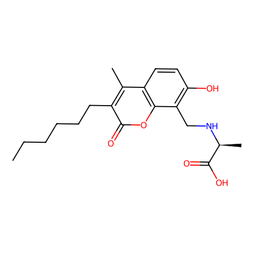 (2S)-2-[(3-hexyl-7-hydroxy-4-methyl-2-oxochromen-8-yl)methylamino]propanoic acid structure