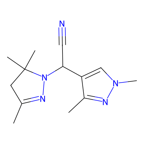 2-(1,3-dimethylpyrazol-4-yl)-2-(3,5,5-trimethyl-4H-pyrazol-1-yl)acetonitrile structure