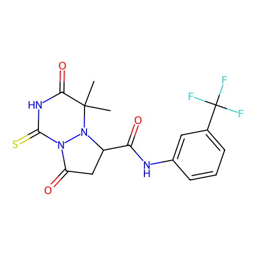 4,4-dimethyl-3,8-dioxo-1-sulfanyl-N-[3-(trifluoromethyl)phenyl]-3,4,7,8-tetrahydro-6H-pyrazolo[1,2-a][1,2,4]triazine-6-carboxamide structure