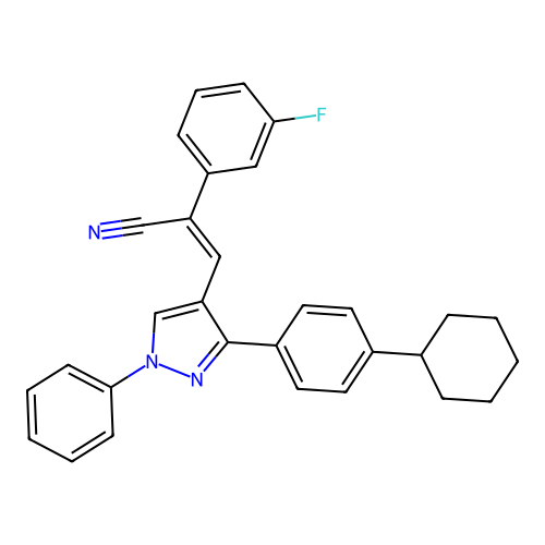 3-[3-(4-cyclohexylphenyl)-1-phenyl-pyrazol-4-yl]-2-(3-fluorophenyl)prop-2-enenitrile structure
