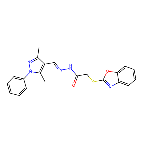 (E)-2-(benzo[d]oxazol-2-ylthio)-N'-((3,5-dimethyl-1-phenyl-1H-pyrazol-4-yl)methylene)acetohydrazide structure