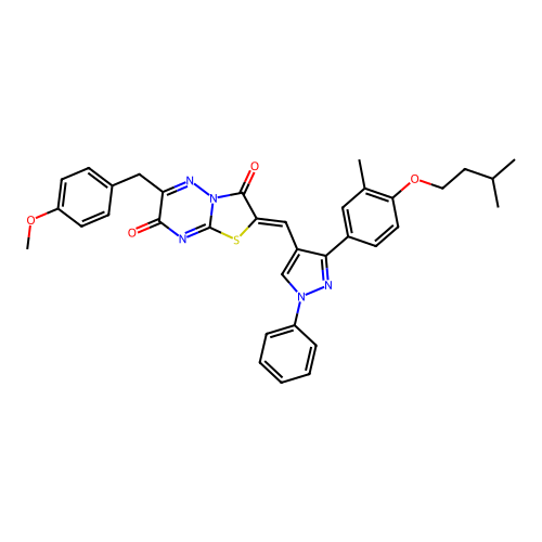 (Z)-2-((3-(4-(isopentyloxy)-3-methylphenyl)-1-phenyl-1H-pyrazol-4-yl)methylene)-6-(4-methoxybenzyl)-2H-thiazolo[3,2-b][1,2,4]triazine-3,7-dione structure