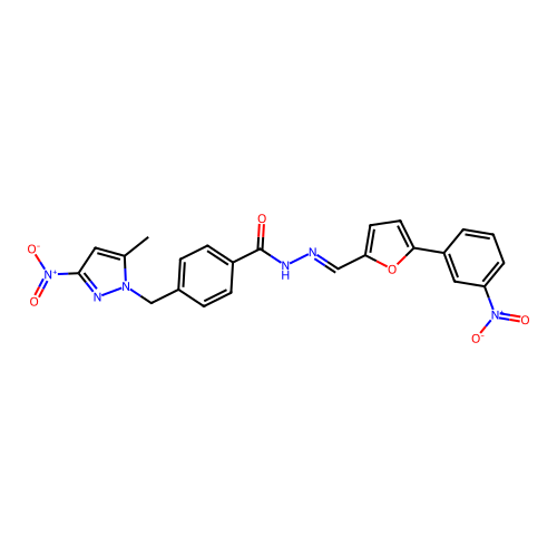 (E)-4-((5-methyl-3-nitro-1H-pyrazol-1-yl)methyl)-N'-((5-(3-nitrophenyl)furan-2-yl)methylene)benzohydrazide structure
