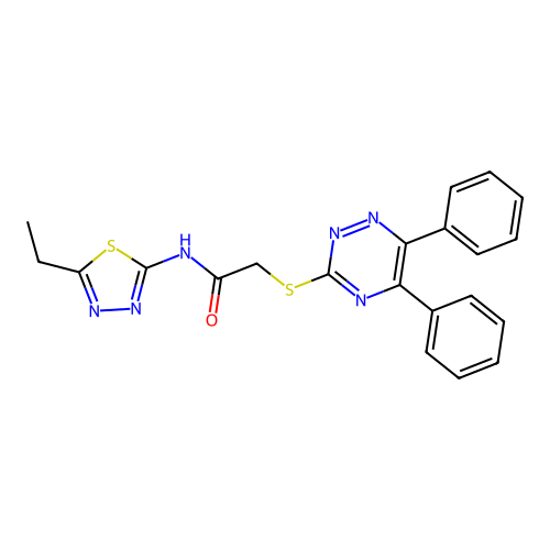 2-((5,6-DI-PH-1,2,4-Triazin-3-YL)thio)-N-(5-ET-1,3,4-thiadiazol-2-YL)acetamide structure