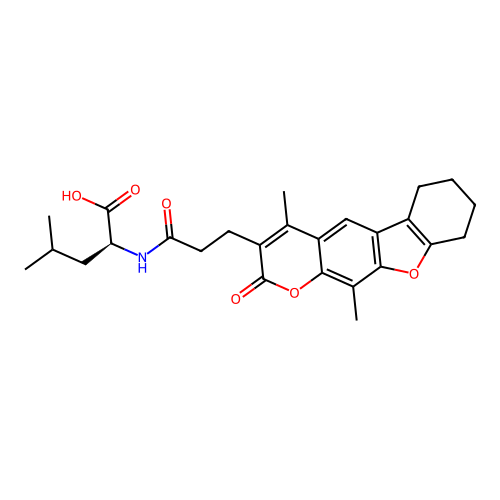 (S)-2-(3-(4,11-dimethyl-2-oxo-6,7,8,9-tetrahydro-2H-benzofuro[3,2-g]chromen-3-yl)propanamido)-4-methylpentanoic acid structure