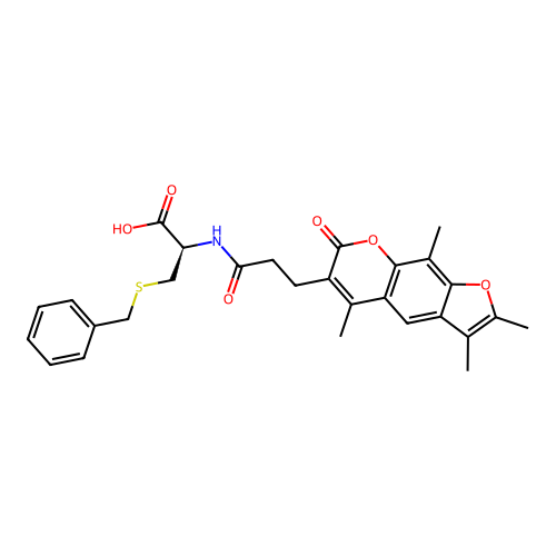 (R)-3-(benzylthio)-2-(3-(2,3,5,9-tetramethyl-7-oxo-7H-furo[3,2-g]chromen-6-yl)propanamido)propanoic acid structure