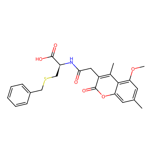 (R)-3-(benzylthio)-2-(2-(5-methoxy-4,7-dimethyl-2-oxo-2H-chromen-3-yl)acetamido)propanoic acid structure