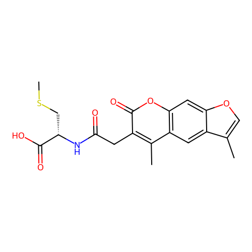 (2R)-2-[[2-(3,5-dimethyl-7-oxofuro[3,2-g]chromen-6-yl)acetyl]amino]-3-methylsulfanylpropanoic acid structure