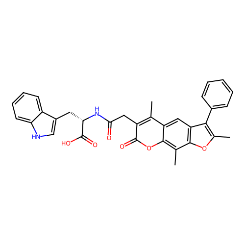 (S)-3-(1H-indol-3-yl)-2-(2-(2,5,9-trimethyl-7-oxo-3-phenyl-7H-furo[3,2-g]chromen-6-yl)acetamido)propanoic acid structure