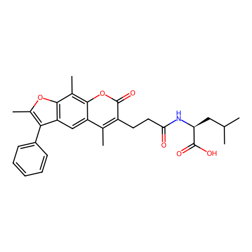 (S)-4-methyl-2-(3-(2,5,9-trimethyl-7-oxo-3-phenyl-7H-furo[3,2-g]chromen-6-yl)propanamido)pentanoic acid structure