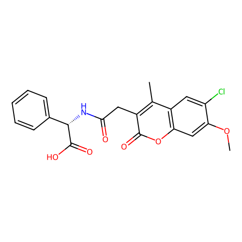 (S)-2-(2-(6-chloro-7-methoxy-4-methyl-2-oxo-2H-chromen-3-yl)acetamido)-2-phenylacetic acid structure
