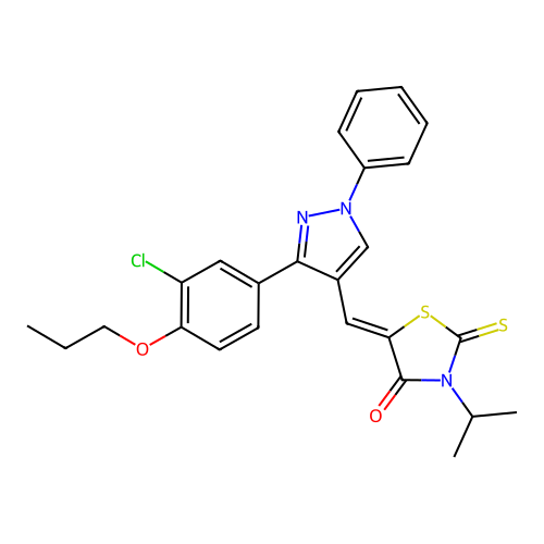 (5Z)-5-{[3-(3-chloro-4-propoxyphenyl)-1-phenyl-1H-pyrazol-4-yl]methylidene}-3-(propan-2-yl)-2-thioxo-1,3-thiazolidin-4-one structure